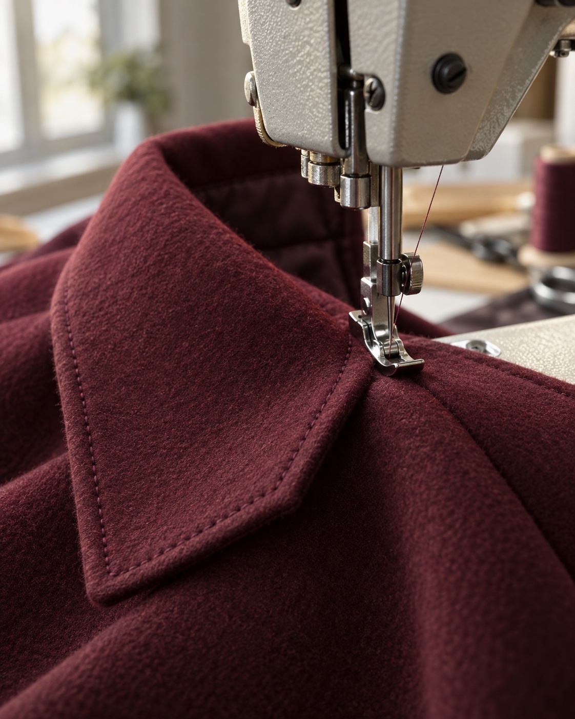 Close-up of stitching on a burgundy wool coat collar in production